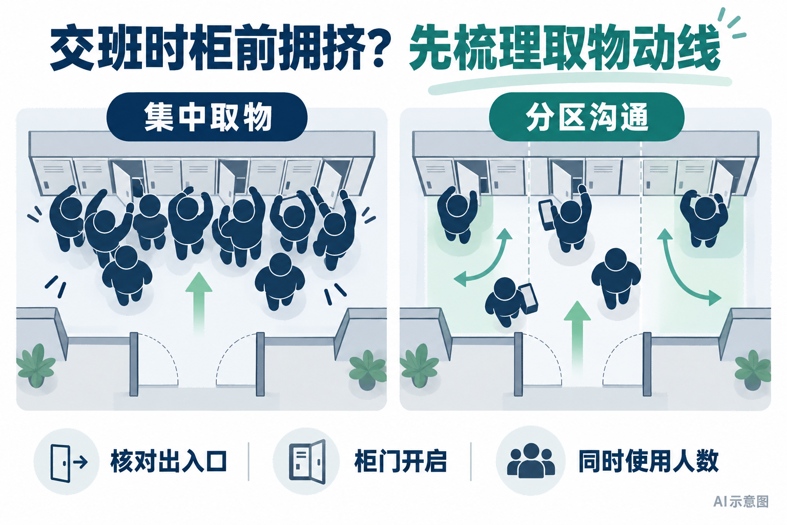 更衣柜交班取物动线AI示意图