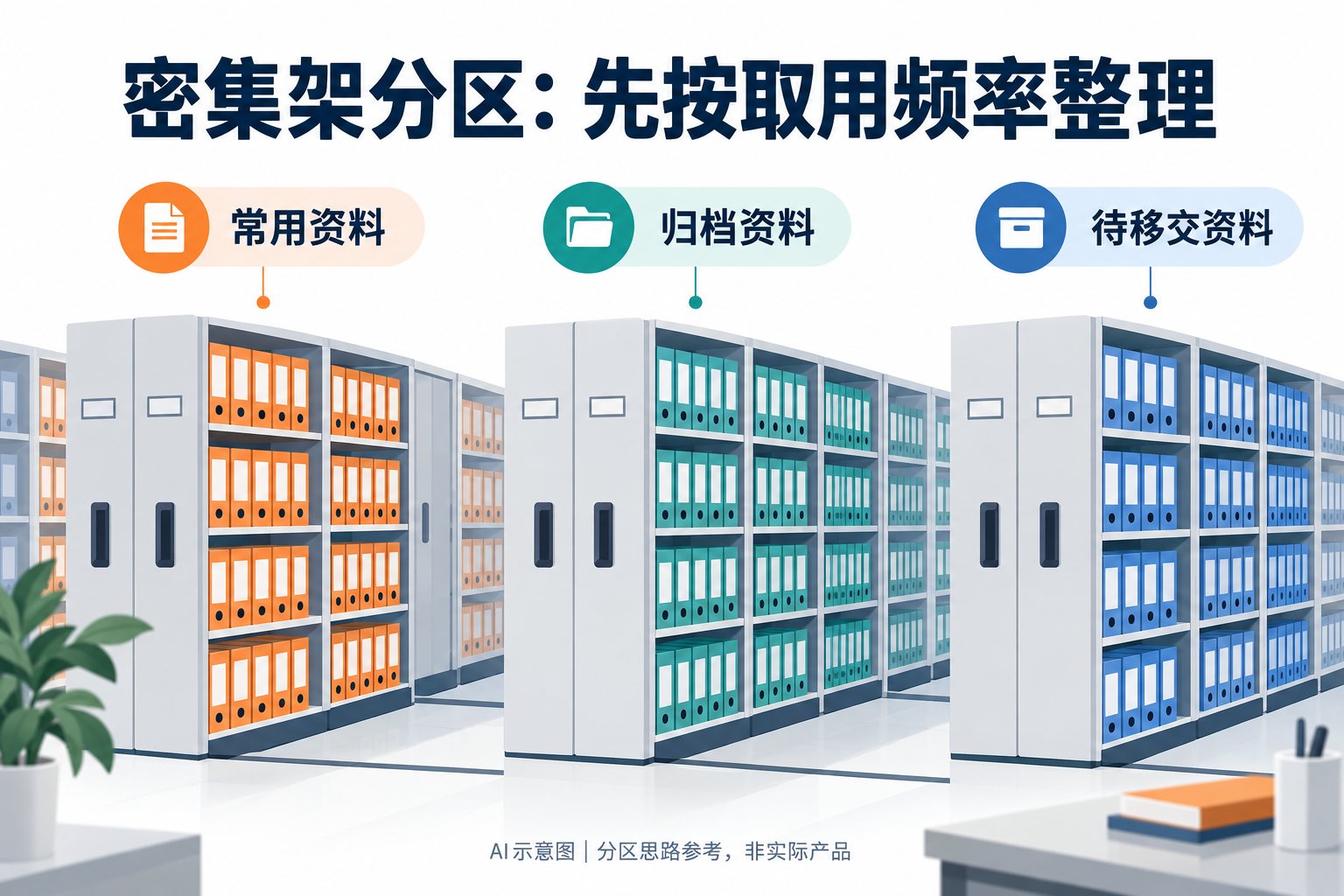 档案密集架按取用频率分区的AI示意图