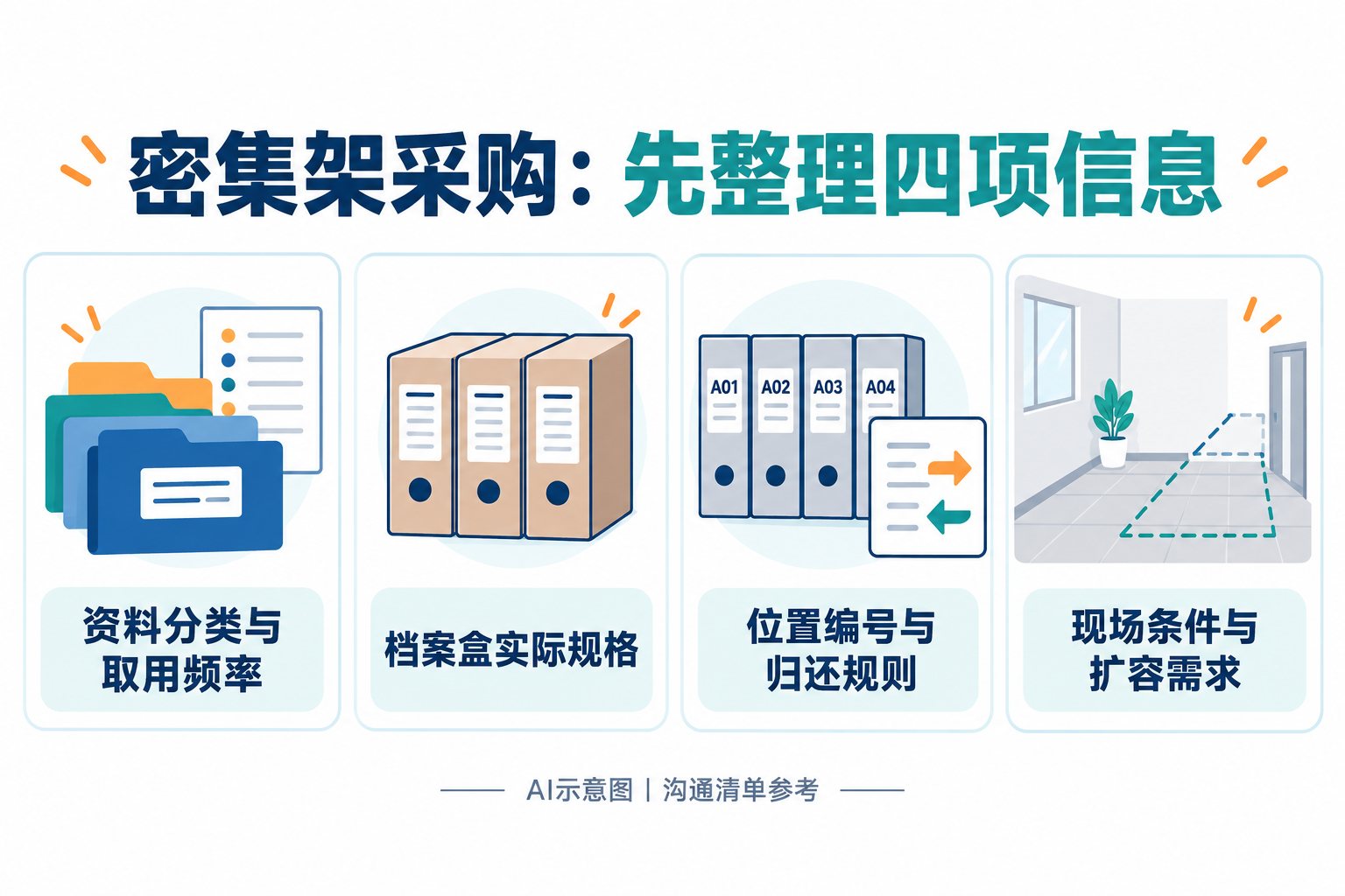 密集架采购前整理四项需求的AI示意图