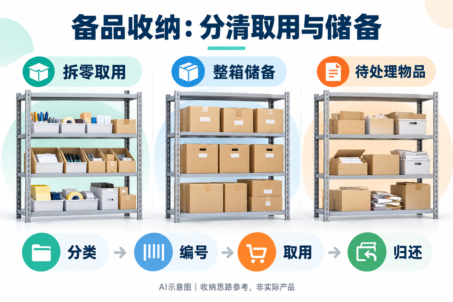 办公备品拆零取用、整箱储备与待处理物品的分区示意